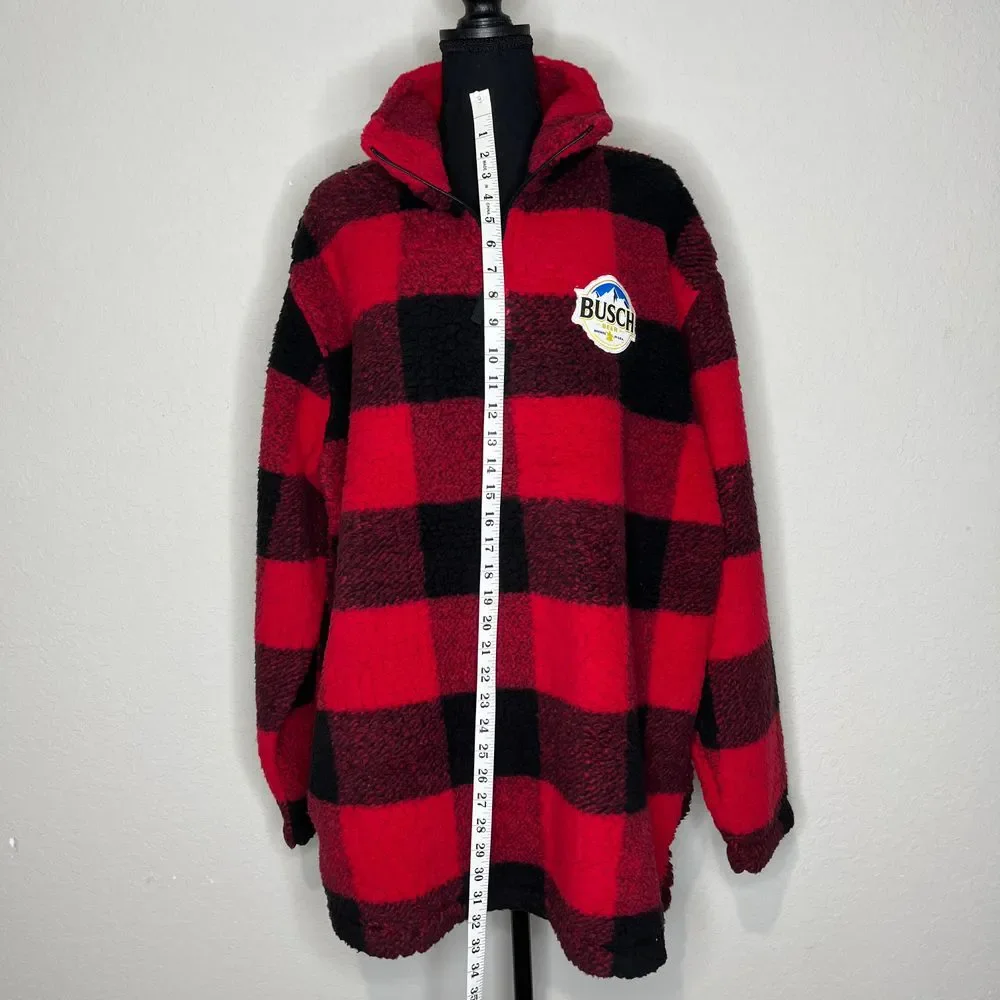 Anheuser Busch‎ Beer Plaid Sherpa Fleece Pullover Red Black Sweater, Size 2xl
